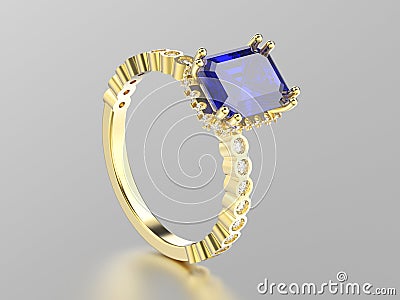 3D illustration yellow gold sapphire decorative ring with reflect Cartoon Illustration