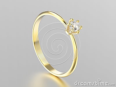 3D illustration yellow gold traditional solitaire engagement diamond ring with reflection Cartoon Illustration