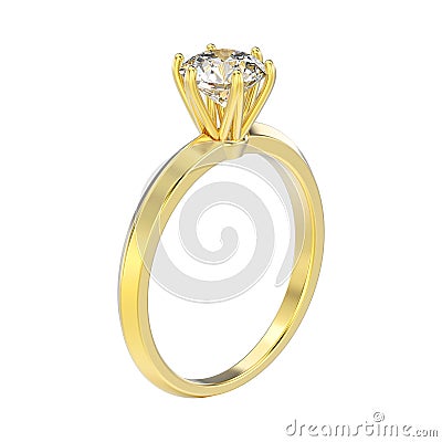 3D illustration yellow gold traditional solitaire engagement diamond ring Cartoon Illustration