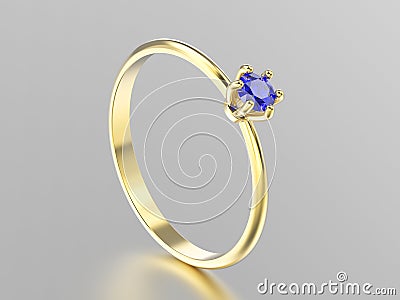 3D illustration yellow gold traditional solitaire engagement ring with sapphire with reflection Cartoon Illustration