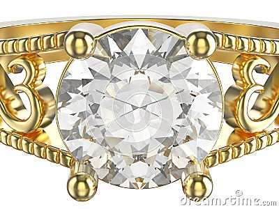 3D illustration zoom macro yellow gold ring with diamon Cartoon Illustration