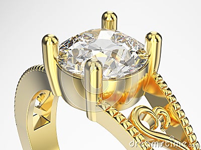 3D illustration zoom macro yellow gold ring with diamon Cartoon Illustration