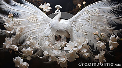 3d image of an albino white peacock with white flowers Stock Photo