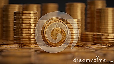 Bitcoin infront of stacks of bitcoins Stock Photo