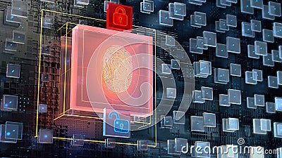 3d image of blockchain abstract background with big digital fingerprint authorisation block and two glowing padlock Stock Photo