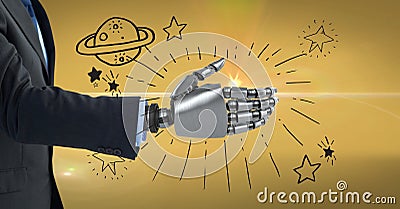 3d image of businessman with robotic hand against symbols Stock Photo