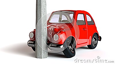 3D image of crashed red car Cartoon Illustration