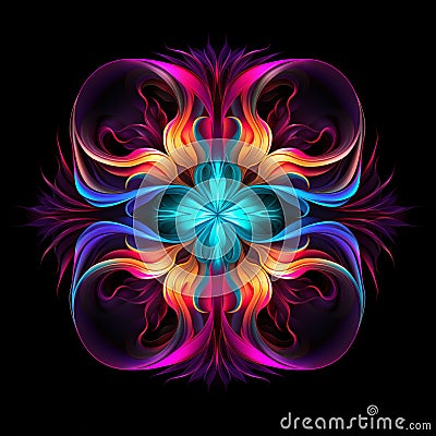 Vibrant Neon Symmetrical Flower Designs On Black Background Stock Photo