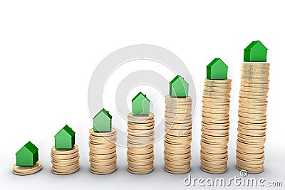 3d image: high quality rendering: Mortgage concept. Green houses on stacks of golden coins on white background Metal cop Stock Photo