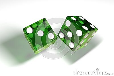 3d image: high quality rendering of transparent green rolling dices with white dots. The cubes in the cast. throws. High resolutio Stock Photo