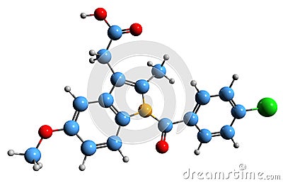 3D image of Indometacin skeletal formula Stock Photo