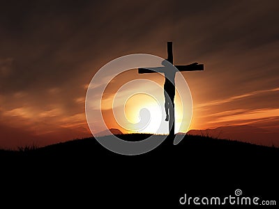 3D image of Jesus on the cross at sunset Stock Photo