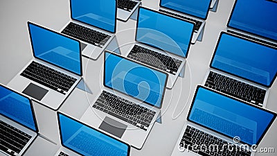 3d image of a lot of laptops in a rows. Stock Photo