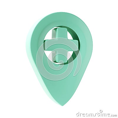 3d image medicine geotag icon. Medical cross company enterprise. Map turquoise tag on white background. Location of Stock Photo