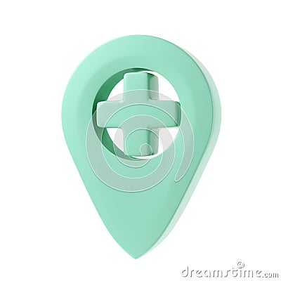 3d image medicine geotag icon. Medical cross company enterprise. Map turquoise tag on white background. Location of Stock Photo