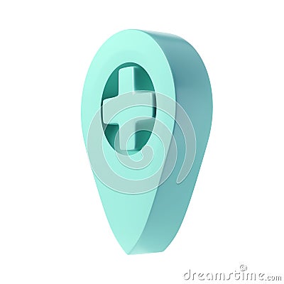 3d image medicine geotag icon. Medical cross company enterprise. Map turquoise tag on white background. Location of Stock Photo