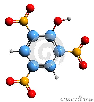 3D image of Picric acid skeletal formula Stock Photo