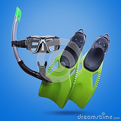 3d image.Protective mask and fins for diving Stock Photo