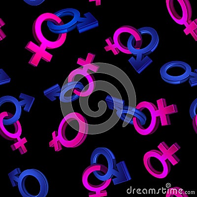 3D image, rendering Seamless pattern on a black background. The symbol of gender. Valentine's Day. Venus, Mars Stock Photo