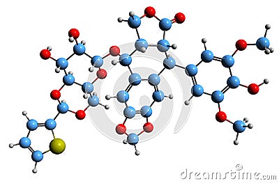 3D image of Teniposide skeletal formula Stock Photo