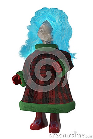 3D image of a wooden doll with blue hair in a coat and rubber boots Stock Photo