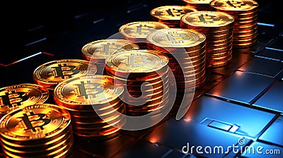 It's an image of stacks of gold bitcoins stacked together. on a dark blue background in a dark room Stock Photo