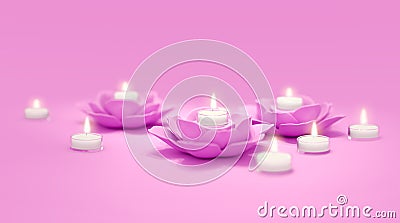 3D imaging. Candle in flower candlestick. minimalizm, one color. Relax, meditation. Pink Stock Photo
