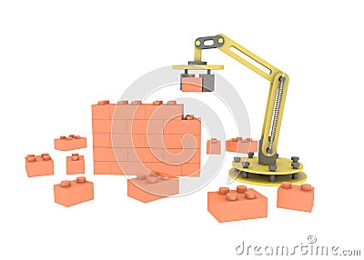 3d industrial robotic mechanical arm building brick wall illustration white background Cartoon Illustration