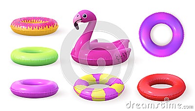 3d inflatable swimming rings designs, doughnut and pink flamingo. Realistic pool rubber circle top and side view. Swim Vector Illustration