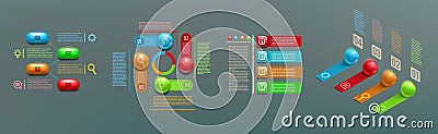 3D infograph. Flowchart diagram. Digital buttons and balls step elements. Sphere and cube graph cycle options. Circle Vector Illustration