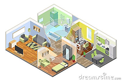 3d interior of modern house with kitchen, living room, bathroom and bedroom. Isometric illustrations set Vector Illustration