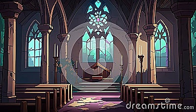 2D interior of old stone church background environment for Cartoon Illustration