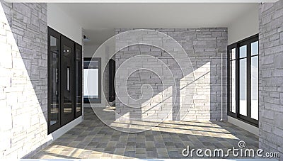 3D interior of the room inside a modern brick house. Stock Photo