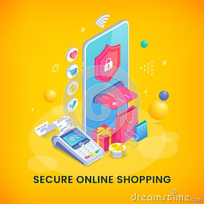 3d internet shopping isometric banner concept. Secure online store design with smartphone, shopping cart, bags, gift and Vector Illustration