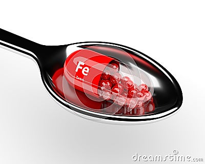 3d iron pill on spoon over white Stock Photo