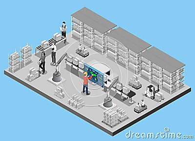 3D isometric automated warehouse robots and Smart warehouse technology Concept with Warehouse Automation System, Autonomous robot Vector Illustration