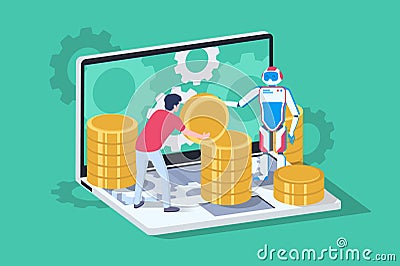 3d isometric blockchain ISO with server, laptop, bitcoin and man with support robot. Vector Illustration