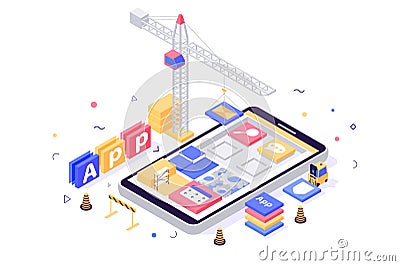3d isometric build mobile application with search, message, setting, book icons, crane, forklift. Vector Illustration