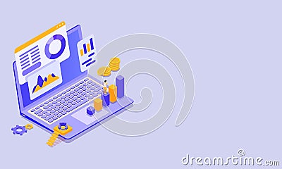 3D Isometric of Business Man Character Standing with Infographic Chart, Golden Coins and Cogwheel on Laptop and Space Stock Photo