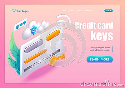 3D Isometric, cartoon. Credit card keys. Credit card security concept. Trending Landing Page Vector Illustration