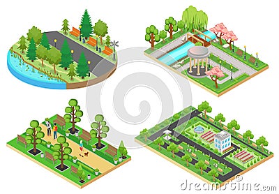 3d Isometric cartoon style green city public park concepts set vector illustration. Vector Illustration