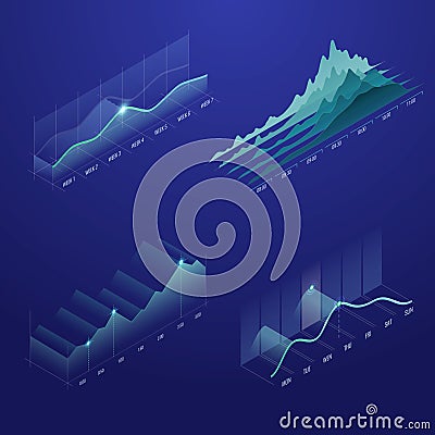 3d isometric chart, business graphics, analysis indicators. Hi tech wave graph data. Infographic elements. Statistic column Vector Illustration