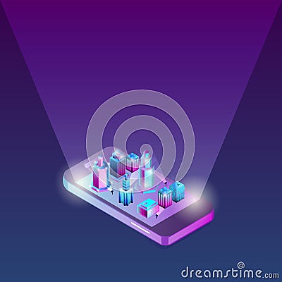 3D isometric city on the smartphone display. Smart futuristic city concept. Mobile phone and city Vector Illustration