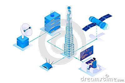 3d isometric communication network with satellite, wireless, servers. Vector Illustration