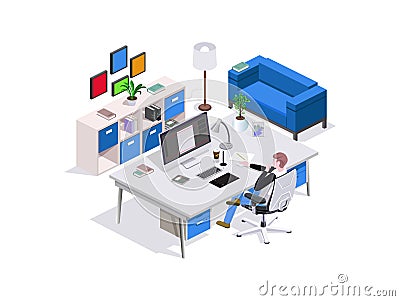 3d isometric composition man study, designer`s seat at the table, around the interior furniture and a sofa, home furnishings or of Vector Illustration