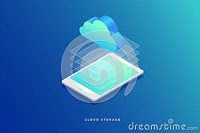 3D isometric computer tablet. Cloud storage information. Vector Illustration