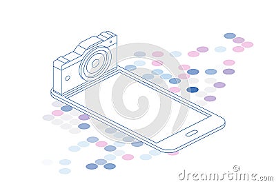 3D isometric concept. Line art smart phone and photo camera. Vector illustration EPS 10 Cartoon Illustration
