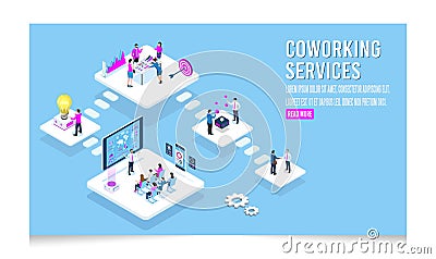 3D isometric Coworking space concept with people working or study on laptops in co-working area for business startup, freelancers Vector Illustration