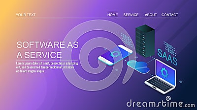 Software as a service, saas marketing, business technology, cloud server, isometric design concept. Vector Illustration