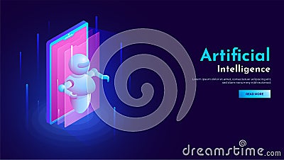 3D isometric design of smartphone with robot illustration for Ar Cartoon Illustration